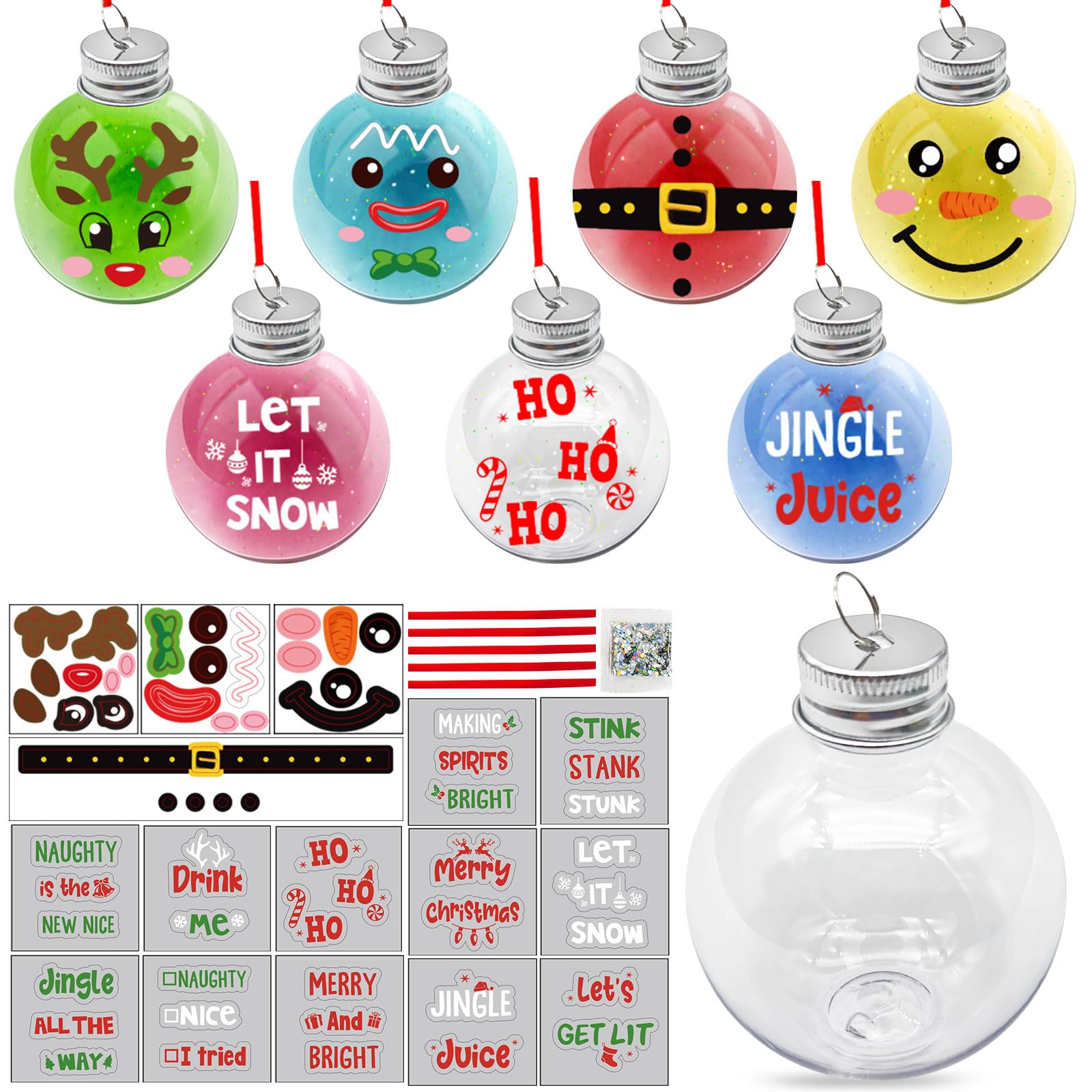 Photo 1 of 12 Pcs Christmas Booze Balls Christmas Fillable Drink Booze Christmas Tree Hanging Ornaments Decor Crafts DIY with Stickers Clear Round Plastic Xmas Booze Pendant Ball for Holiday Party