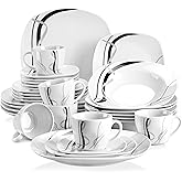 VEWEET, Series Fiona, 30-Piece Dinnerware Sets for 6, White Dishes Set with Black and Gray Stripes, Porcelain Dinner Set Including Dessert Plates, Soup Plates, Dinner Plates, Cups & Saucers