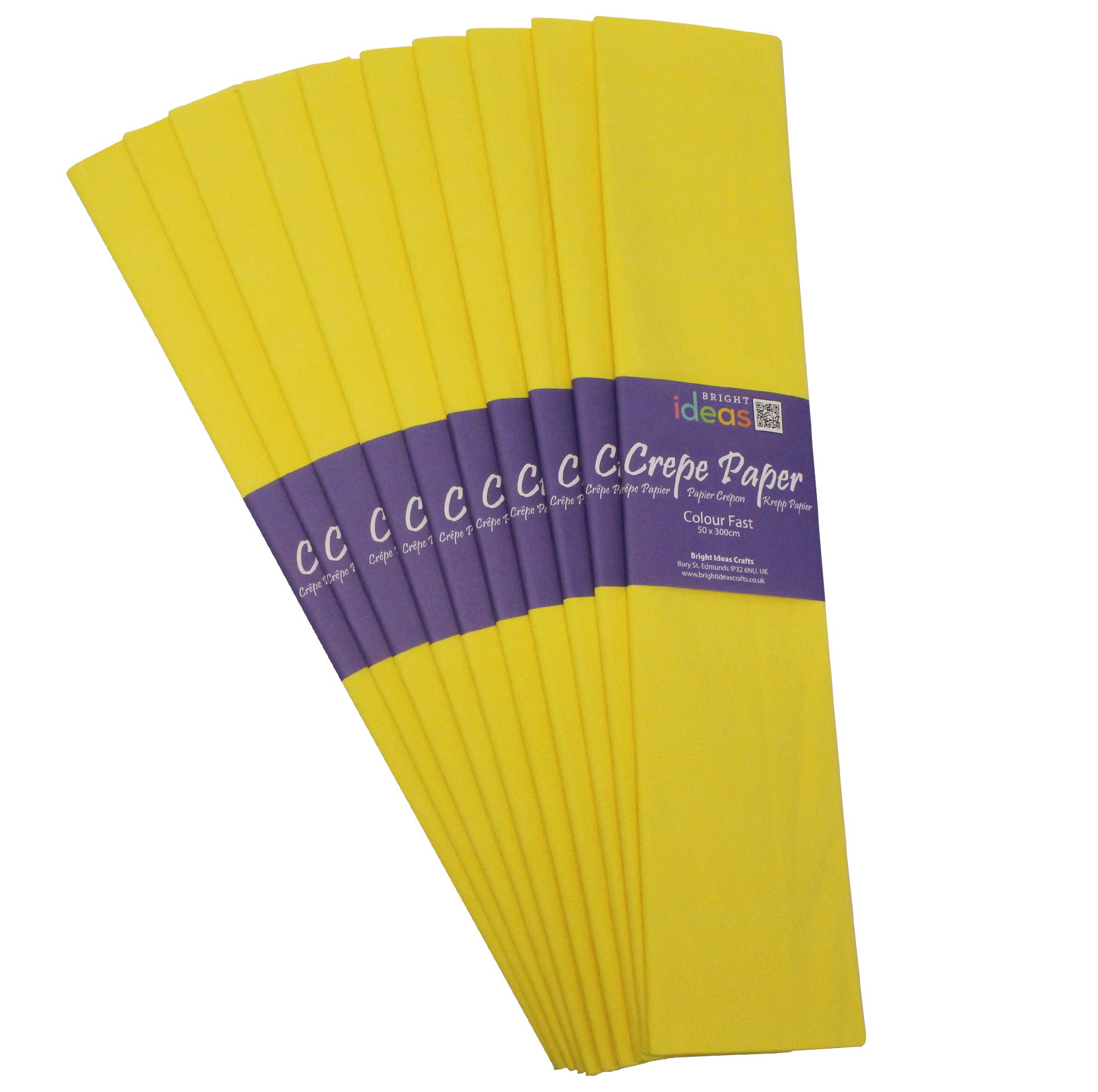 Bright Ideas Crepe Paper Sheets – Yellow. Sheet Size: 50cm x 3m, Pack of 10 Folds. 17gsm, 40% Stretch, Colourfast and Acid Free. Ideal for Flower Making, Gift Wrapping and Arts & Crafts.