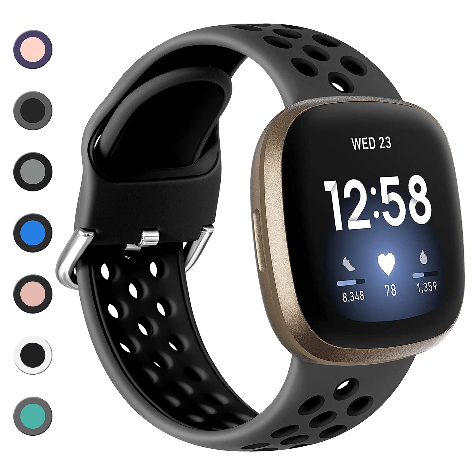Dirrelo Strap Compatible with Fitbit Versa 3/4 & Sense/Sense 2, Soft Silicone Sport Breathable Replacement, S Coal/Black
