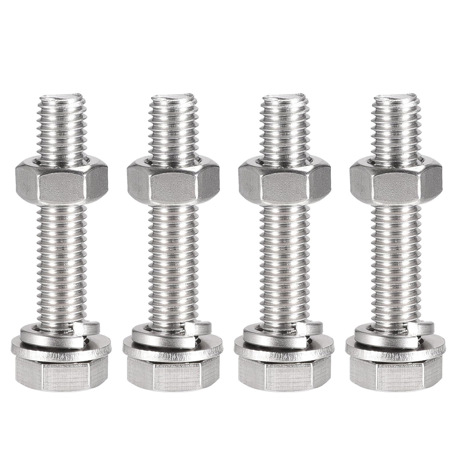 TOP-VIGOR 4Pcs M10 x 55mm Hex Head Screws Bolts, Nuts, Flat & Lock Washers Kits, 304 Stainless Steel Fully Thread Hexagon Bolts for DIY Bike Motorcycles Repair