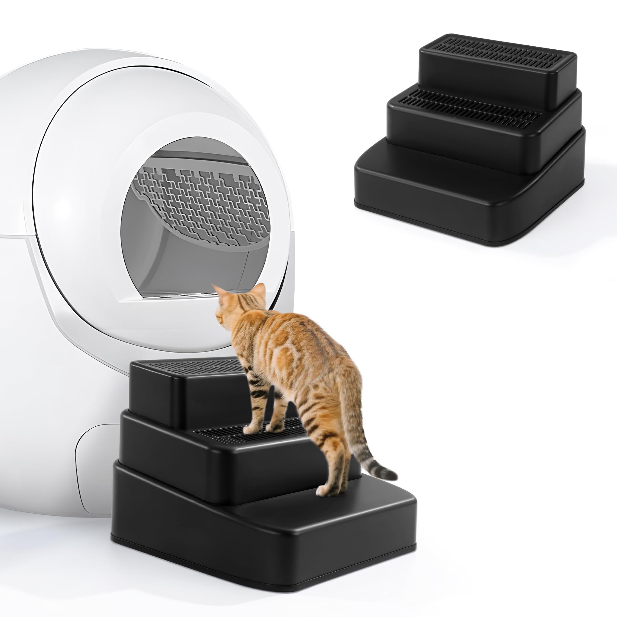 Photo 1 of BALAPET Adjustable 3 Steps Litter Box Ramp with Filter Function, Detachable Litter Trapper, Non-Slip Cat Litter Stair for Small & Elderly Cats(Black)