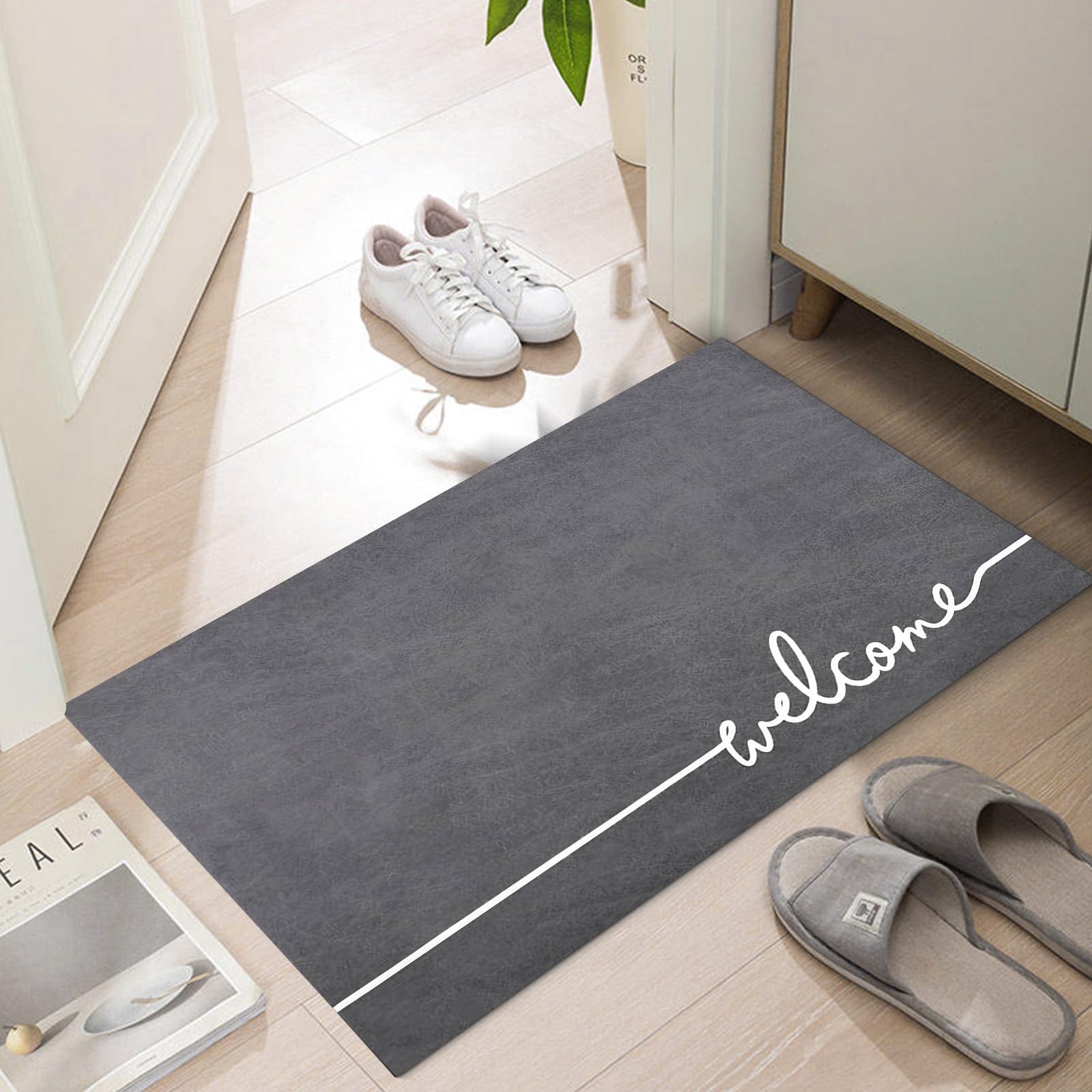 Photo 1 of LYGLIGH Welcome Mat Indoor, Ultra Thin Door Mat, 1/10 in Thin Door Mats for Inside Entry, Non-Slip Rubber Backing, Washable Doormat, Fade Resistant, Absorbent, Low Profile Dirt Trapper, 30"X17",Grey