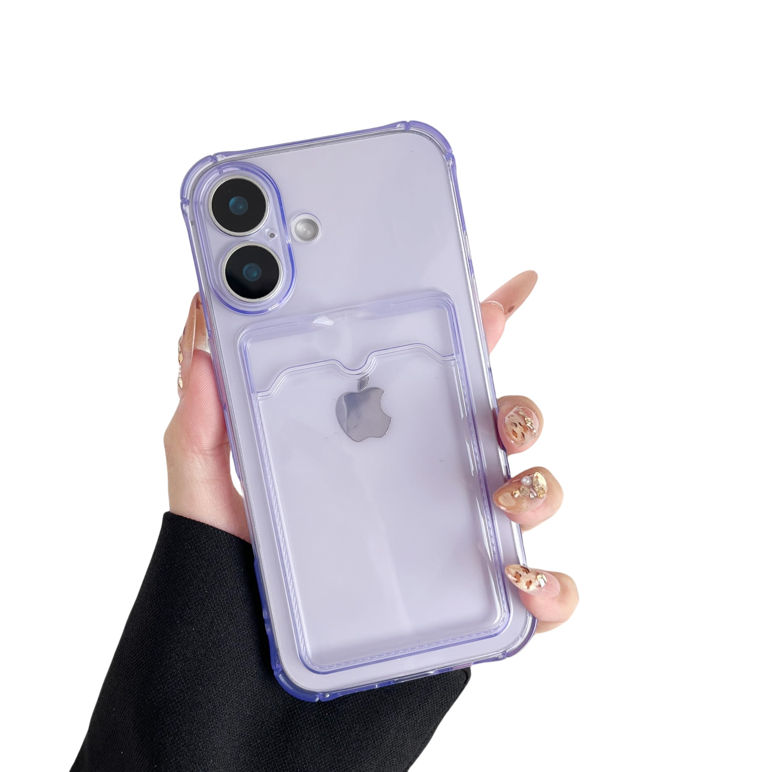 DEFBSC Compatible with iPhone 16, Transparent Back Card Holder Phone Case, Ultra Slim Soft TPU Shockproof Clear Case with Card Slot for Back of Phone, Purple