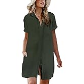AI'MAGE Womens Bathing Suit Cover Ups Summer Shirt Dress Casual Short Sleeve Button Down Beach Shirts with Pockets S-XXL