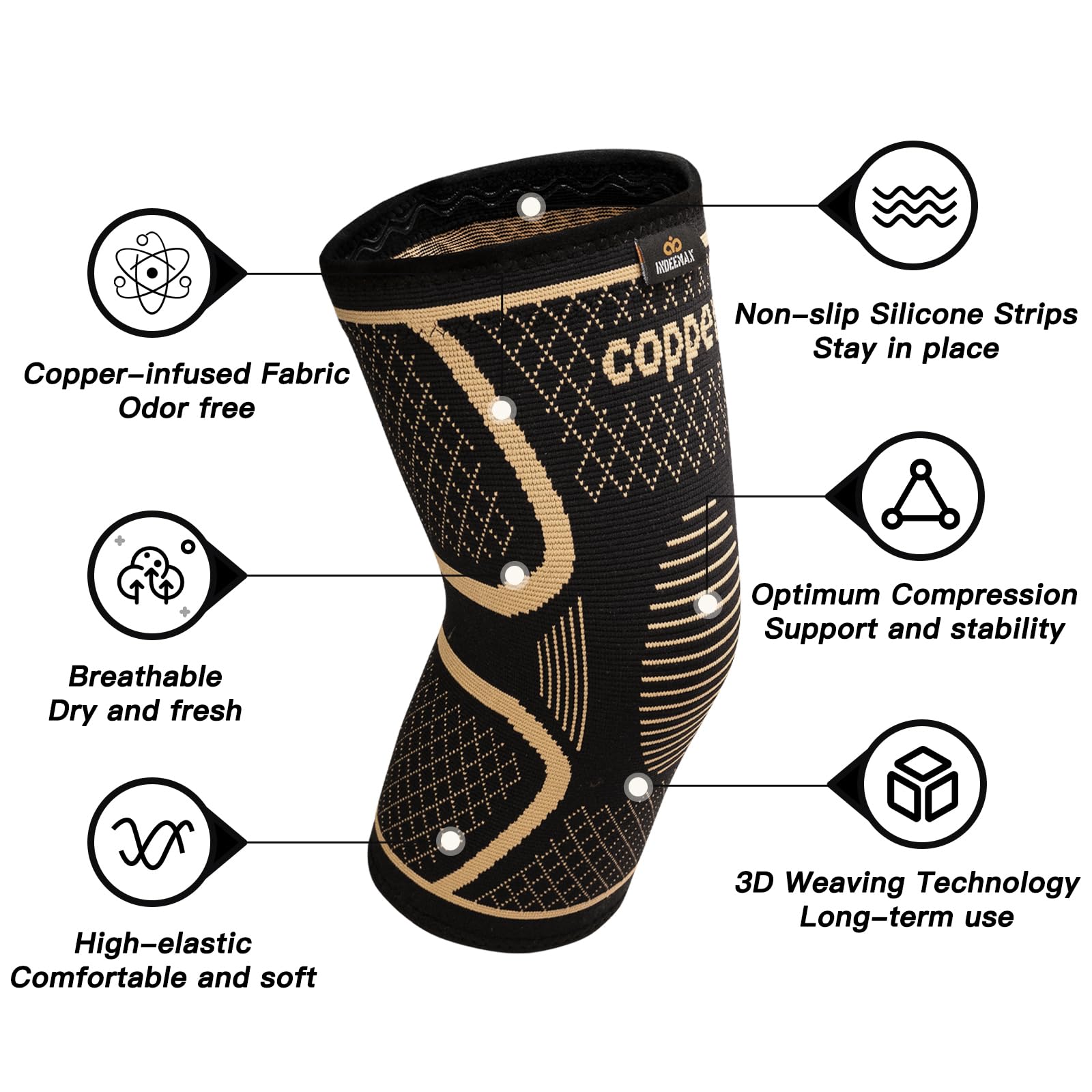 INDEEMAX Copper Knee Brace for Women Men 2 Pack, Knee Compression Sleeve for Knee Pain, Arthritis, Running,Sports and Recovery Support, M