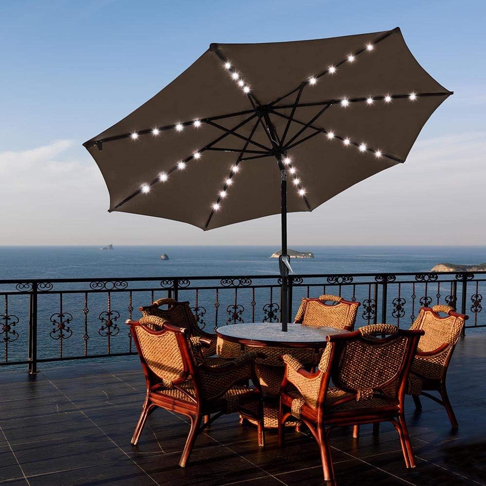 Amazon Com Yescom 9ft 32 Solar Powered Led Light Outdoor Patio Umbrella With 8 Rib Crank Tilt For Table Market Beach Pool Cafe Deck Garden Outdoor