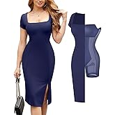Popilush Summer Cocktail Midi Dresses for Women Shapewear Bodycon Short Sleeve Square Neck Dress