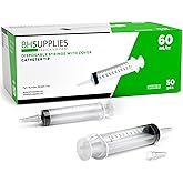 BH Supplies 60mL Syringe Catheter Tip Sterile with Caps - (No Needle) - Sterile, Individually Wrapped - 50 Syringes