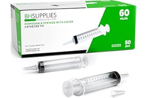 BH Supplies 60mL Syringe Catheter Tip Sterile with Caps - (No Needle) - Sterile, Individually Wrapped - 50 Syringes
