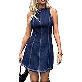 Milumia Women's Sleeveless Denim Mini Dress Crew Neck Bodycon Casual Short Jean Dresses