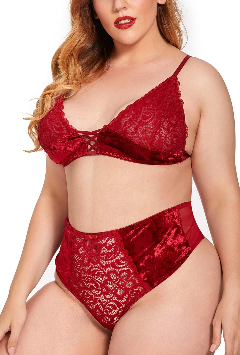 Plus Size Lingerie Set for Women, Sexy Crushed Velvet Mesh Lace Up Halter Bralette & High Waist Panty: Clothing
