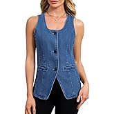 Kedera Denim Vest for Women Button Down Long Jean Waistcoat Casual Scoop Neck Sleeveless Denim Jackets Slim Fit Jean Top