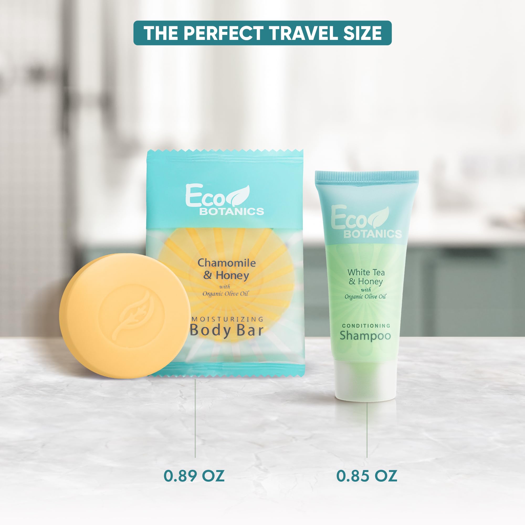 Eco Botanics Hotel Soaps & Toiletries Bulk Set | 1-Shoppe Amenities Kit for Hotels & Vacation Rentals | 0.85 oz Conditioning Shampoo & 0.89 oz Bar Soap | 100 Pieces