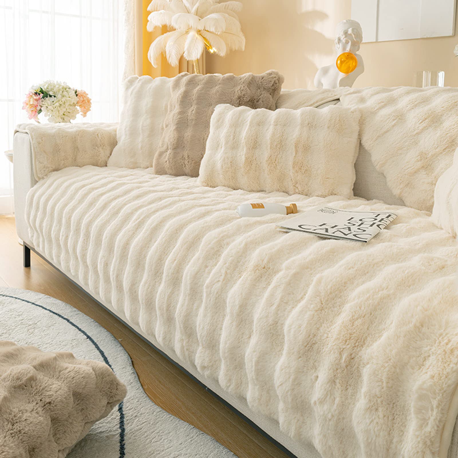 Photo 1 of MERRYLIFE Thick Plush Faux Rabbit Fur Sofa Slipcovers 1-Piece Non-Slip Warm Soft Cozy Couch Covers Furniture Protector(Beige, Sofa Cushion 70 * 120cm)