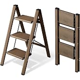 HillhutApex 3 Step Stool Foldable Ladder,Aluminum Step Ladder | Folding Lightweight Stable Stool with Wide Non-Slip Pedals, 330lbs Bearing Capacity Ladder for Office,Home,Kitchen-Walnut