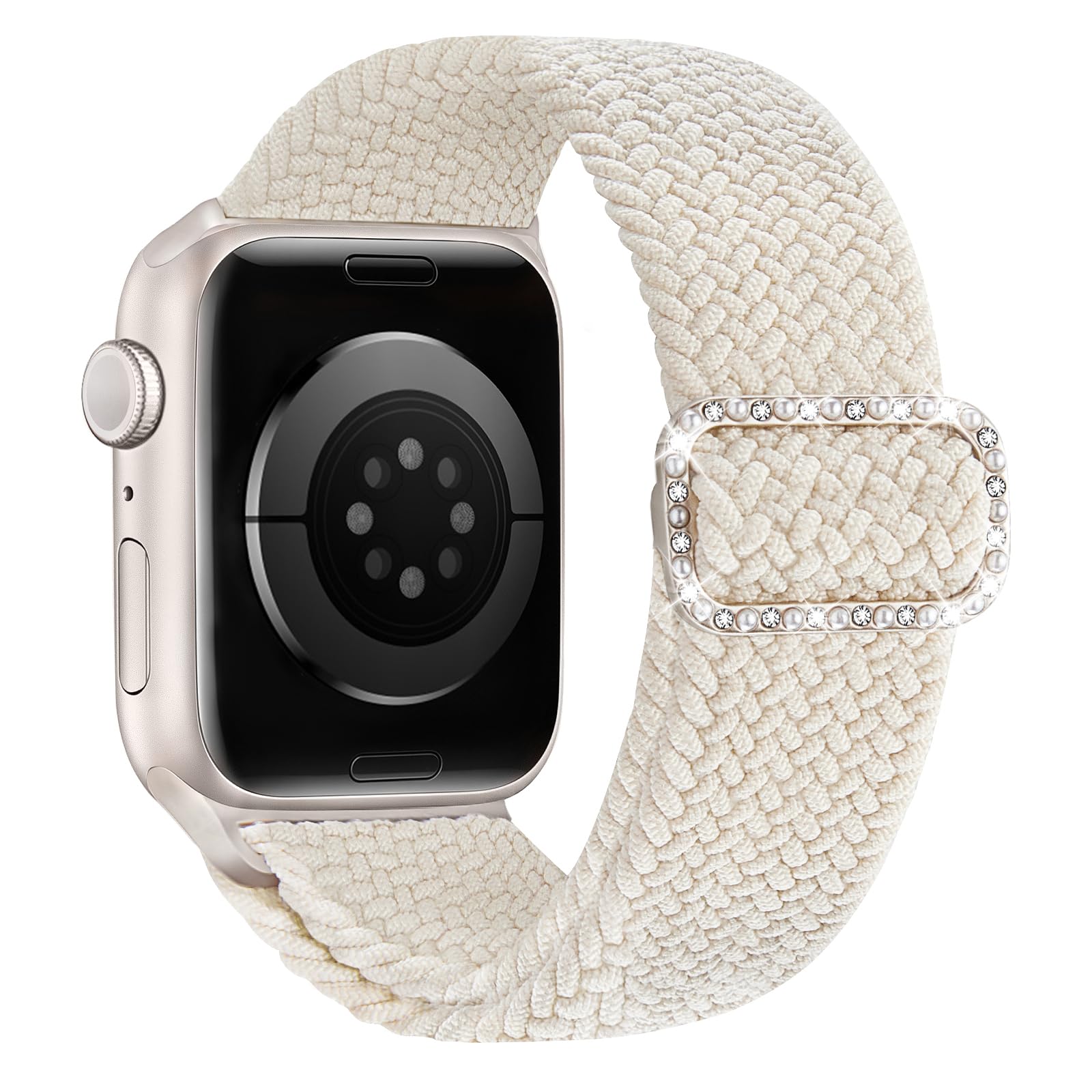 KYISGOS Stretchy Solo Loop Compatible with Apple Watch Band 42mm 41mm 40mm 38mm Women, Nylon Strap with Bling Pearl and Diamond Buckle for iWatch Series 11 10 9 8 7 6 5 4 3 2 SE (Starlight/Starlight)
