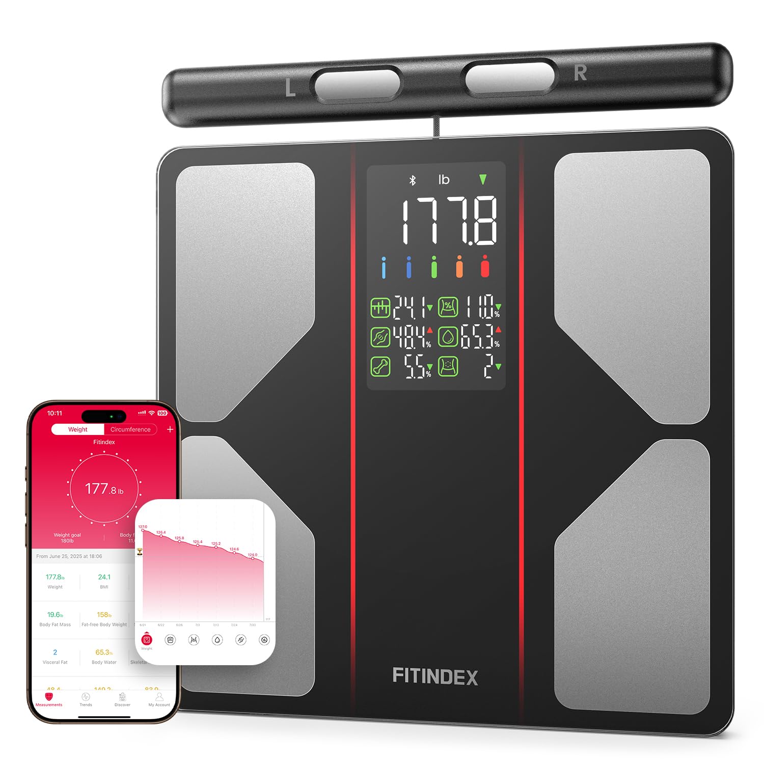 FITINDEX Smart Scale for Body Weight, Body Composition Analyzer with 8-Electrode Large Platform for Weight, BMI, Fat, Muscle Mass, Segmental Muscle Analysis, High Precision, 400 lbs Image