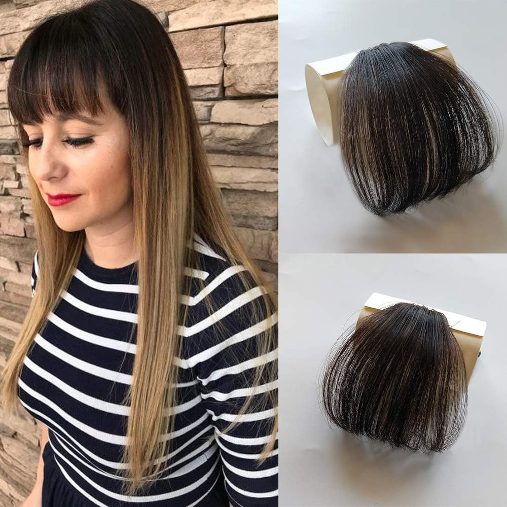 Vowinlle Human Hair Bangs Air Fringe Remy Human Hair Pieces Front #4 Dark Brown Clip in Hair Fringe Hair Extensions without Hair Temples