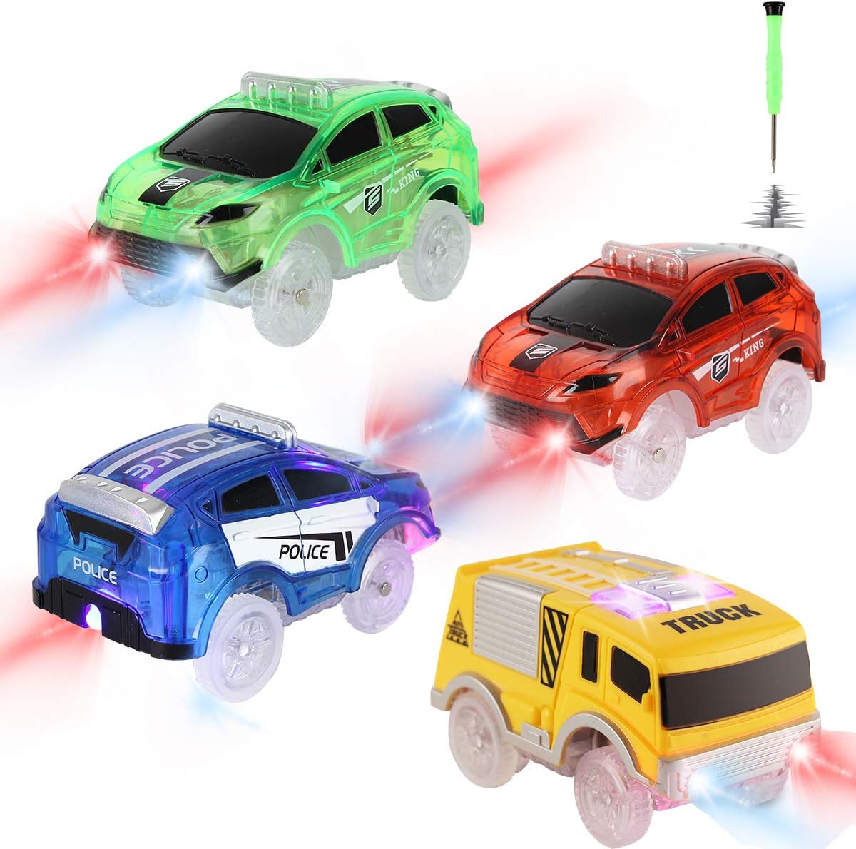 Car Tracks Replacement, Glow in The Dark Toy Cars With 5 Flashing LED Lights