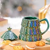CHENGU Ceramic Christmas Tree Mug Gift Christmas Tree Shaped Mug with Lid 10oz Xmas Coffee Cup Winter Holiday Drinkware Teacup Xmas Holiday Winter Decor Gift for Women Home Family Colleague