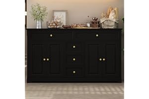 FUFU&GAGA Buffet Cabinet Storage Kitchen Sideboard Farmhouse Buffet Server Bar Wine Cabinet with 5 Drawers & 4 Doors, Console Table for Dining Living Room Cupboard (Black)