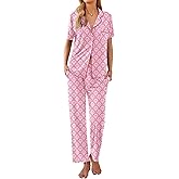 Ekouaer Women Pajamas Set Button Down Sleepwear Short Sleeve Nightwear with Long Pants Soft Pjs Set S-XXL