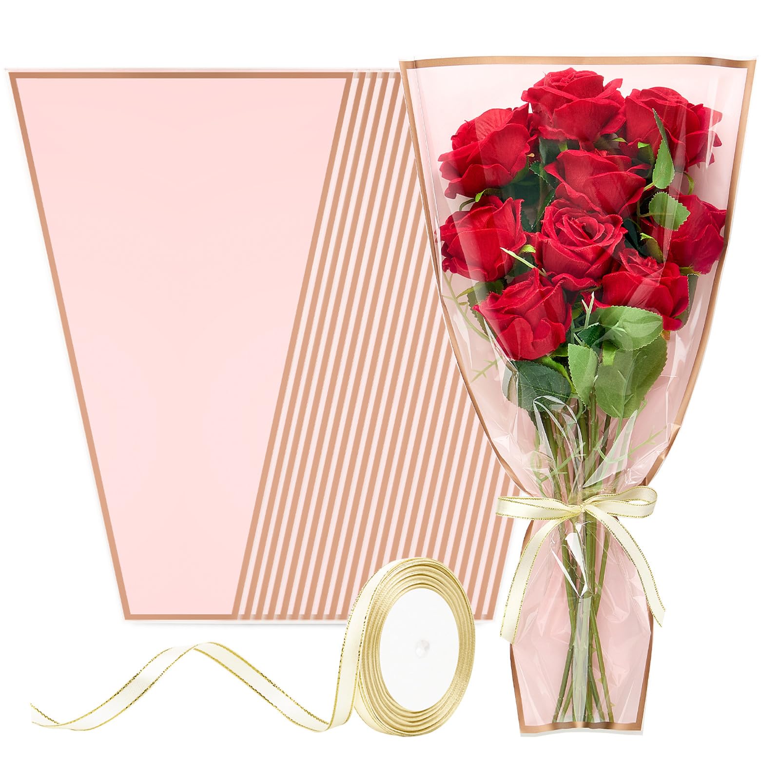 Photo 1 of ,MISSING RIBBON----------------------- ----------Jutieuo 50 PCS Pink Flower Bouquet Wrapping Paper, 17.8 x 11.2 Inch Clear Front Bouquet Bags Plastic Flower Sleeve Gift Bag with Ribbons for Florist Flower Bar Supplies