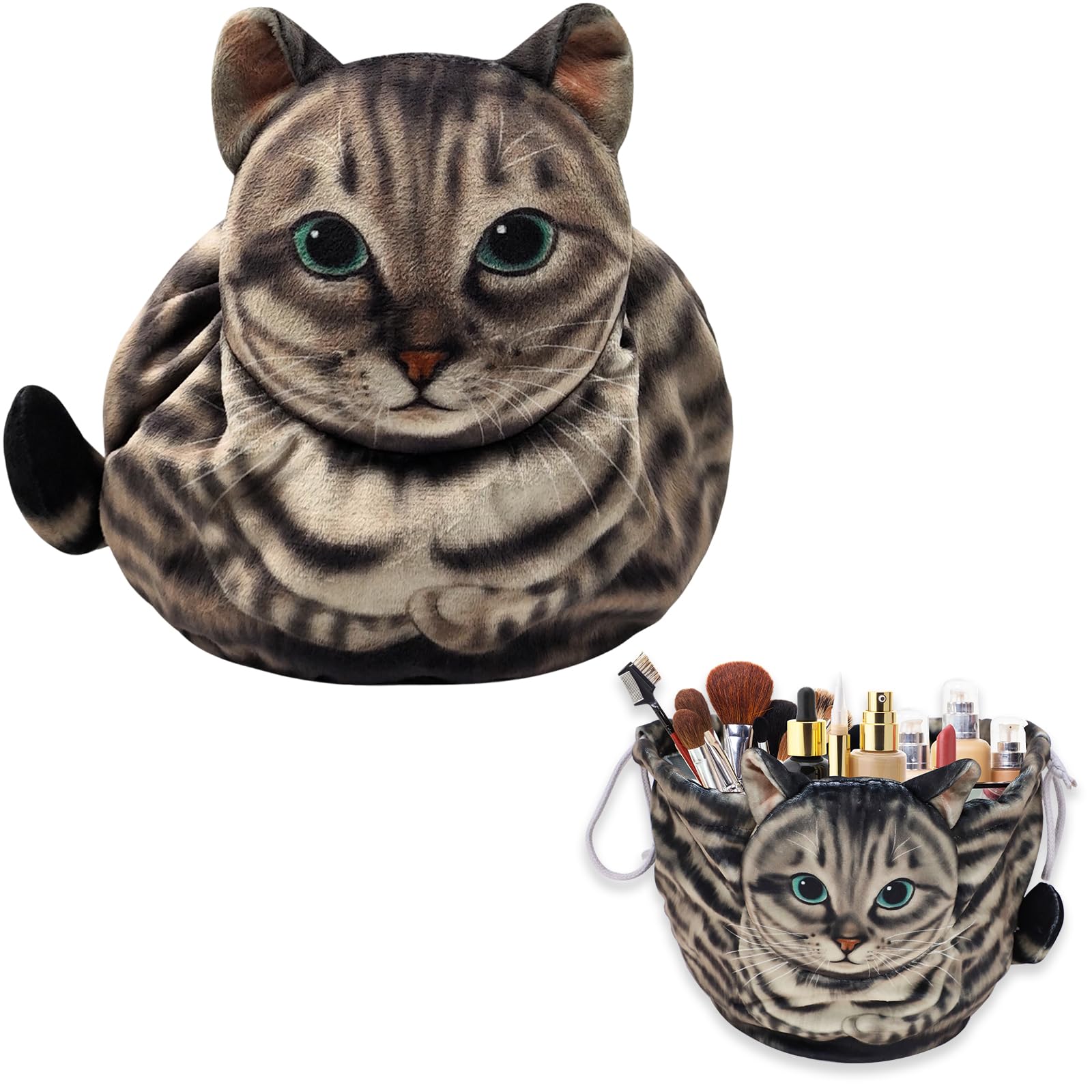 EOAMGO Drawstring Makeup Bag, Flat Lay Makeup Bag, Cat Makeup Bag, Cat Lovers Gifts for Women (Tanuki Flower Cat)