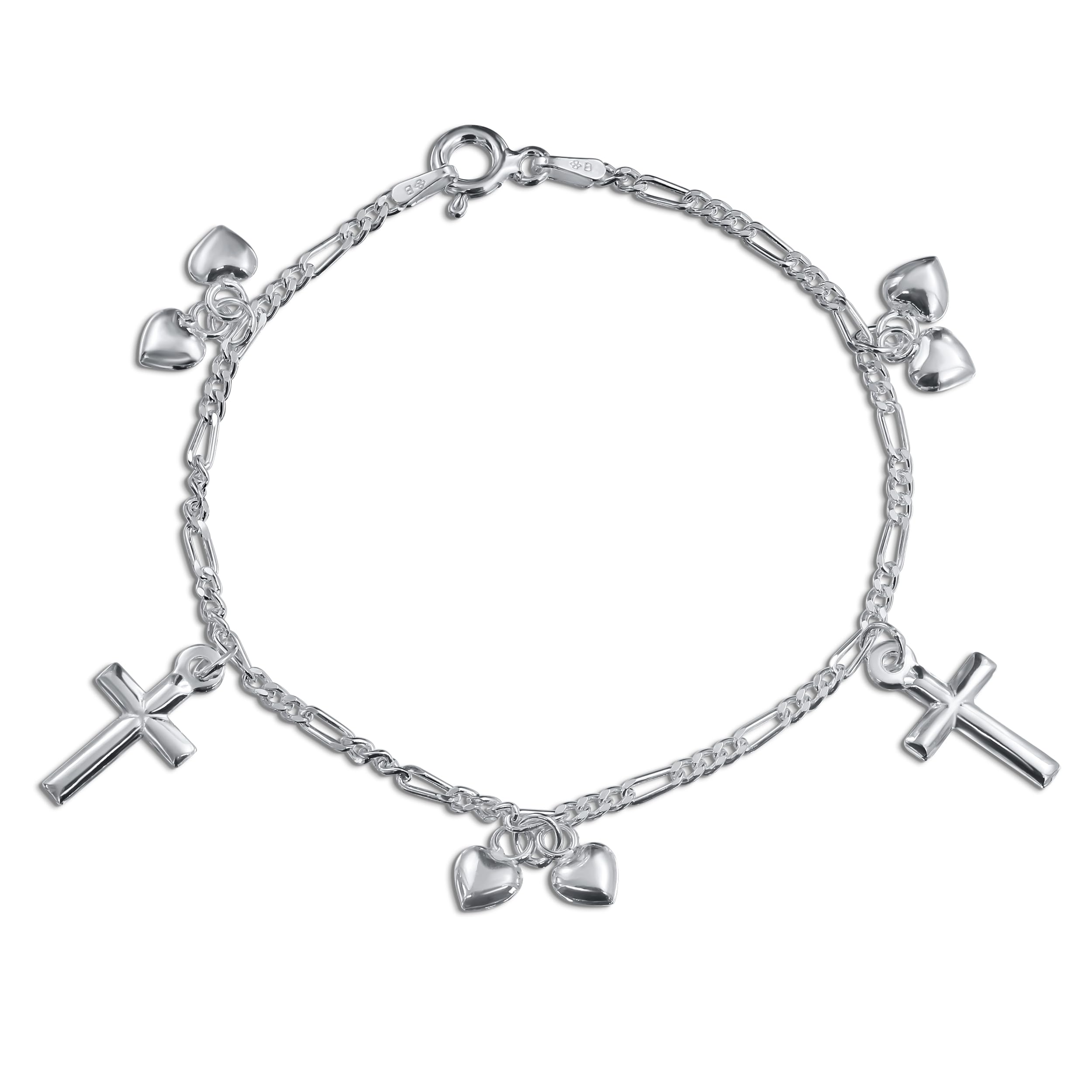 Bling Jewelry Christian Religious Multi Dangling Hearts Cross Charm Bracelet For Teen Women Polished .925 Sterling Silver 6 Inch Small Wrist