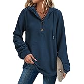 Lallabai Hoodies Sweatshirt for Women Waffle Long Sleeve Oversized Sweaters Drawstring Button V Neck Casual Pullover Tops