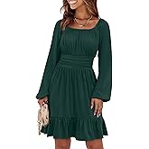 ANRABESS Womens Dress Long Lantern Sleeve Square Neck Elastic Waist Ruffle Flowy Swing A-Line Short Dresses 2025 Fall Fashion