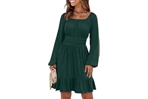 ANRABESS Womens Dress Long Lantern Sleeve Square Neck Elastic Waist Ruffle Flowy Swing A-Line Short Dresses 2025 Fall Fashion
