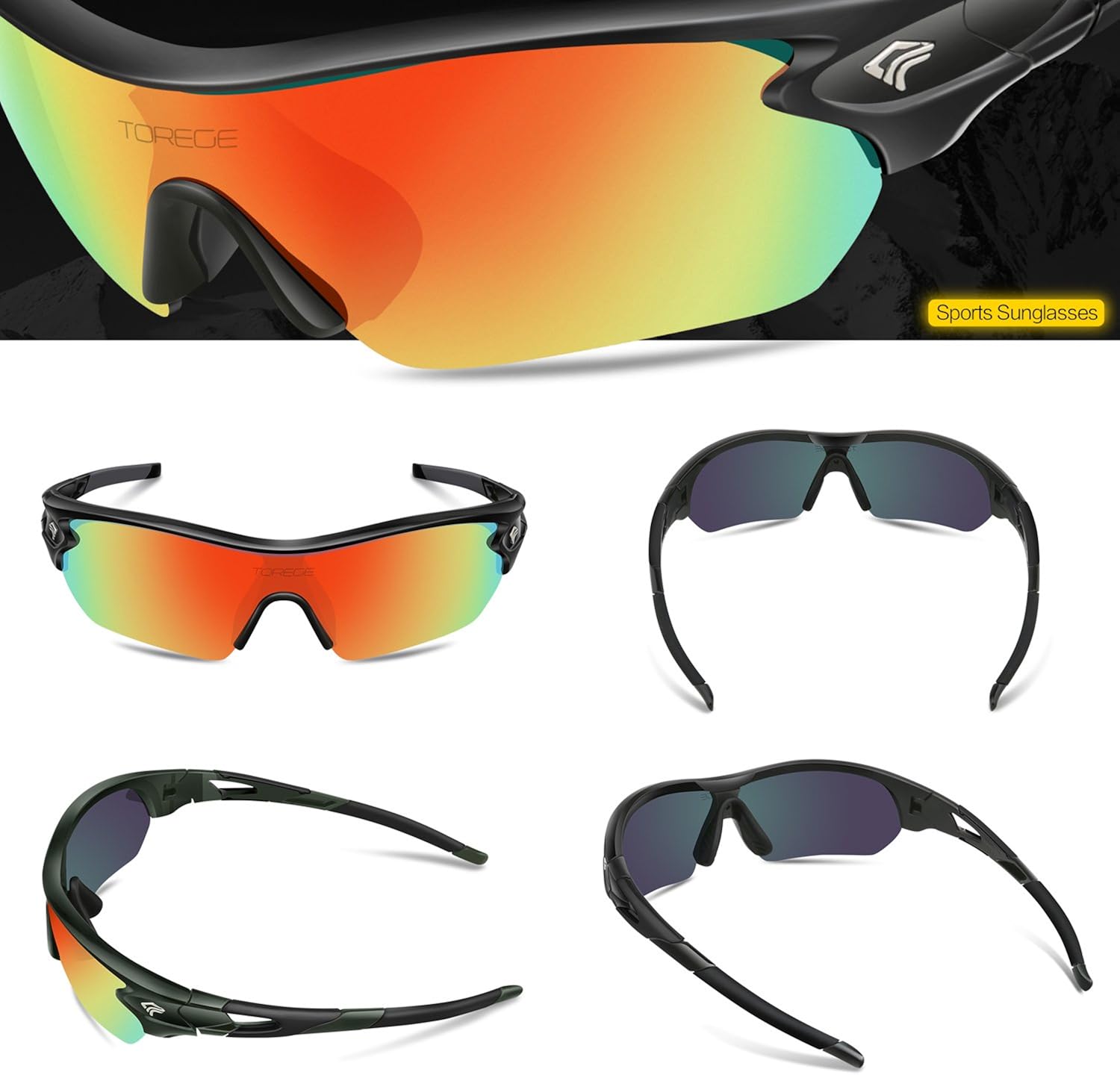 Torege Polarized Sports Sunglasses With 3 Interchangeable Lenes for Men Women Cycling Running Driving Fishing Golf Baseball Glasses TR002 Upgrade(Black&Black Tips&Rainbow Lens): Clothing