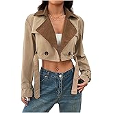 SOLY HUX Women's Double Breasted Cropped Trench Coat Belted Long Sleeve Lapel Collar Jacket