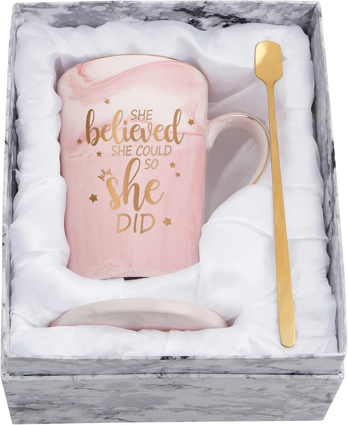 She believed She Could So She Did Mug, Graduation Gift for Her, Inspirational Spiritual Motivational Congratulations Gifts for Women, Gift for Mothers Day, Birthday, Christmas 14 Oz Pink Marble Mug