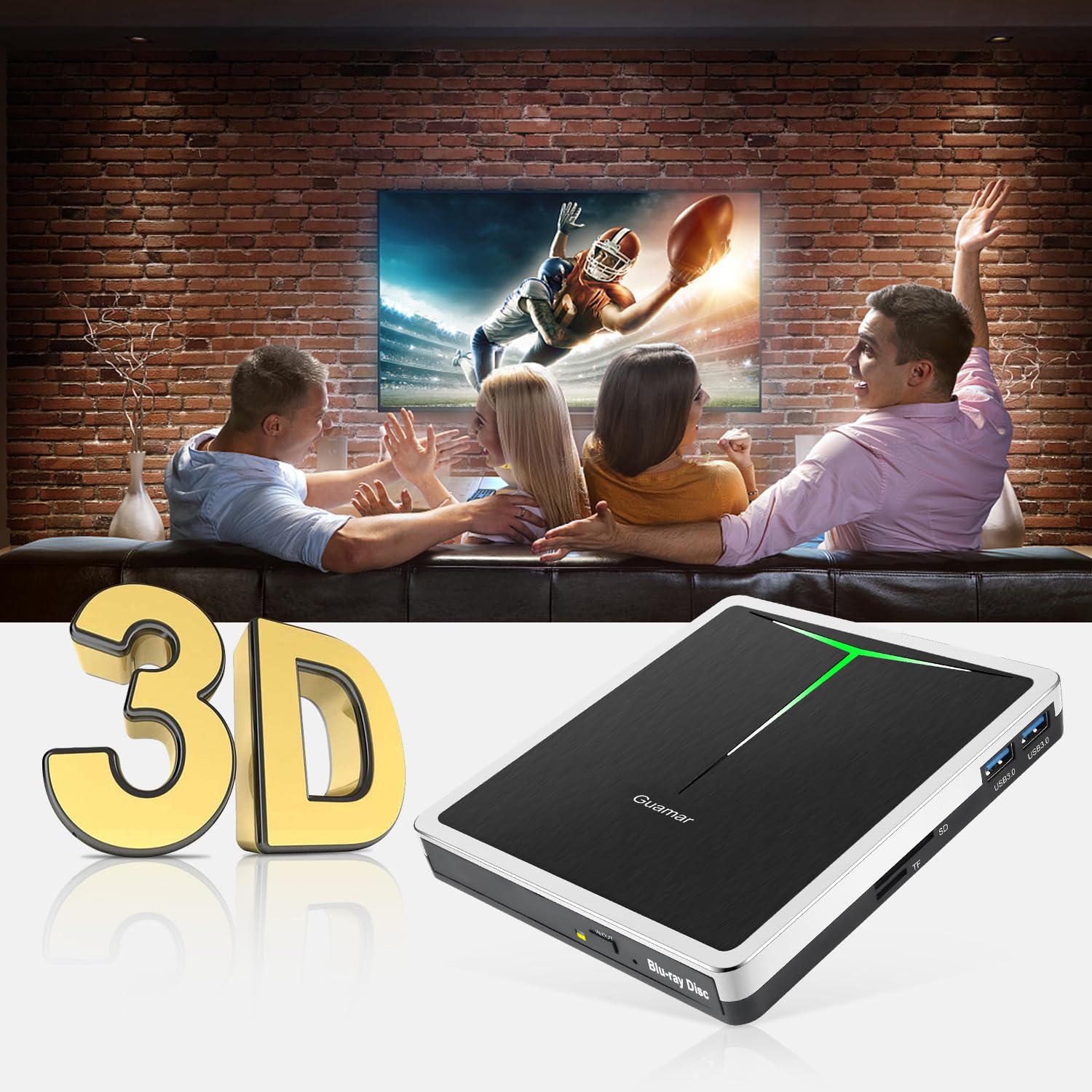 Guamar External Blu Ray Drive: USB 3.0 Type-C Blu Ray Burner with SD/TF Slot/2 USB Ports/Carrying Case - Portable Slim External Blueray/DVD Drive for PC Laptop Mac Windows 11