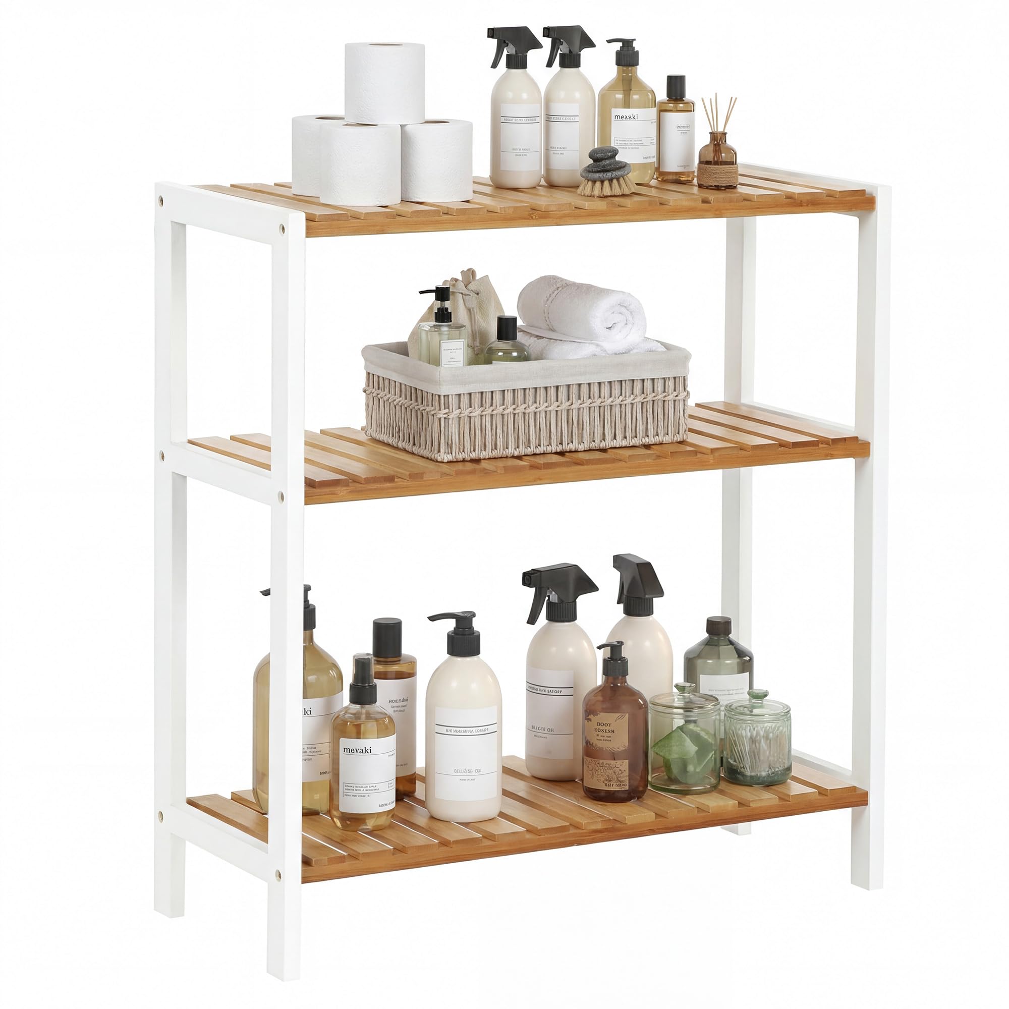 SONGMICS Bamboo Storage Shelf, 3-Tier Shelving Unit, Multifunctional, in the Hallway, Bathroom, Living Room, Balcony, Kitchen, 26 x 60 x 66 cm, White and Natural BCB33WN