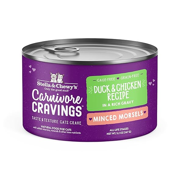 STELLA & CHEWY’S CARNIVORE CRAVINGS MINCED MORSELS CANS – GRAIN FREE, PROTEIN RICH WET CAT FOOD – CAGE-FREE CHICKEN & DUCK RECIPE – (5.2 OUNCE CANS, CASE OF 8)
