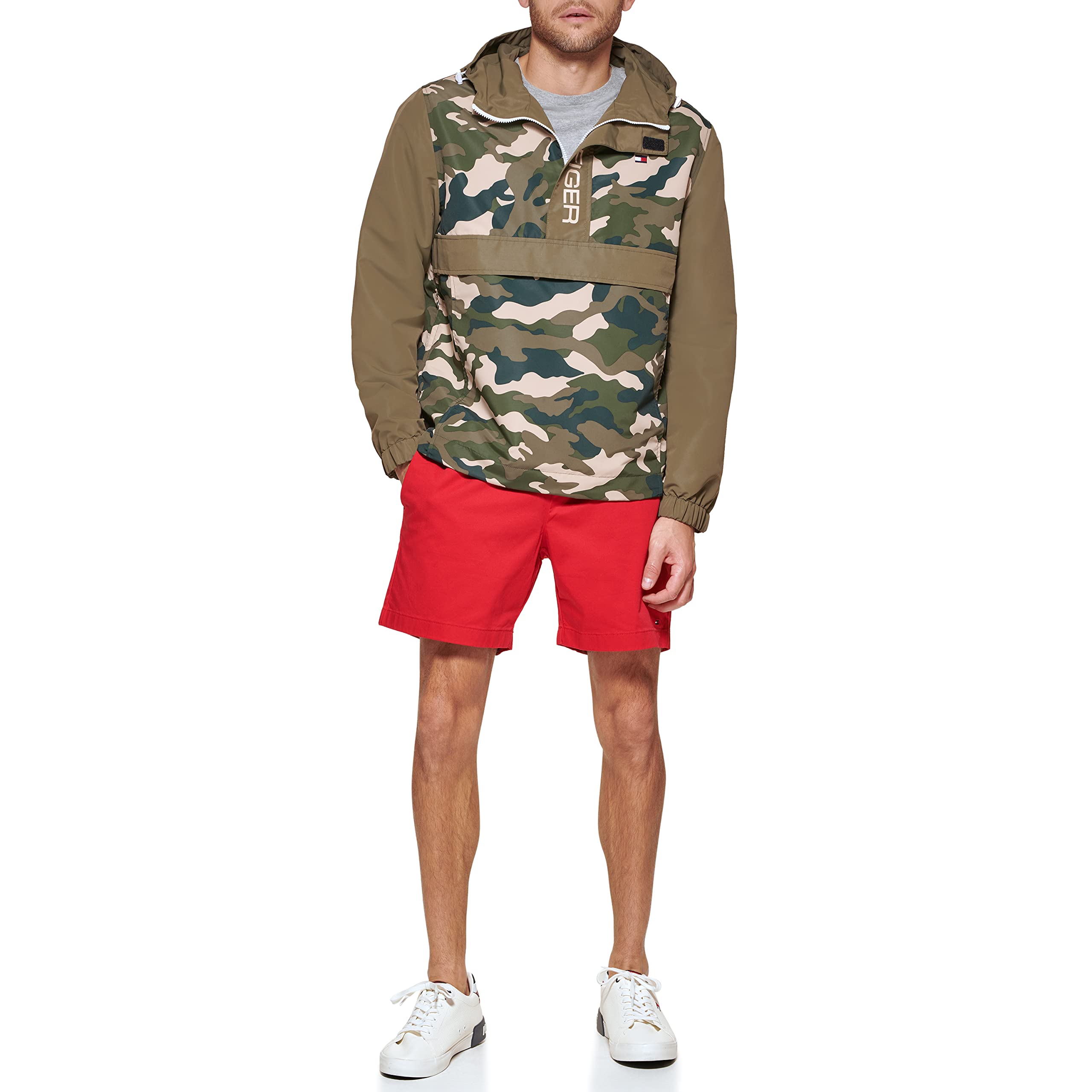 Tommy Hilfiger mens Retro Lightweight Taslan Hooded Popover Water Resistant Jacket Windbreaker, New Camouflage, Small Image