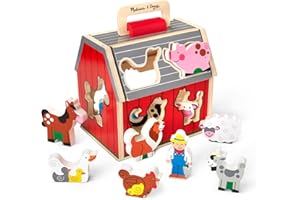 Melissa & Doug Take-Along Wooden Sorting Barn Learning Toy with Flip-Up Roof, Handle, Farm Play PiecesFarm Toys, Shape Sortin