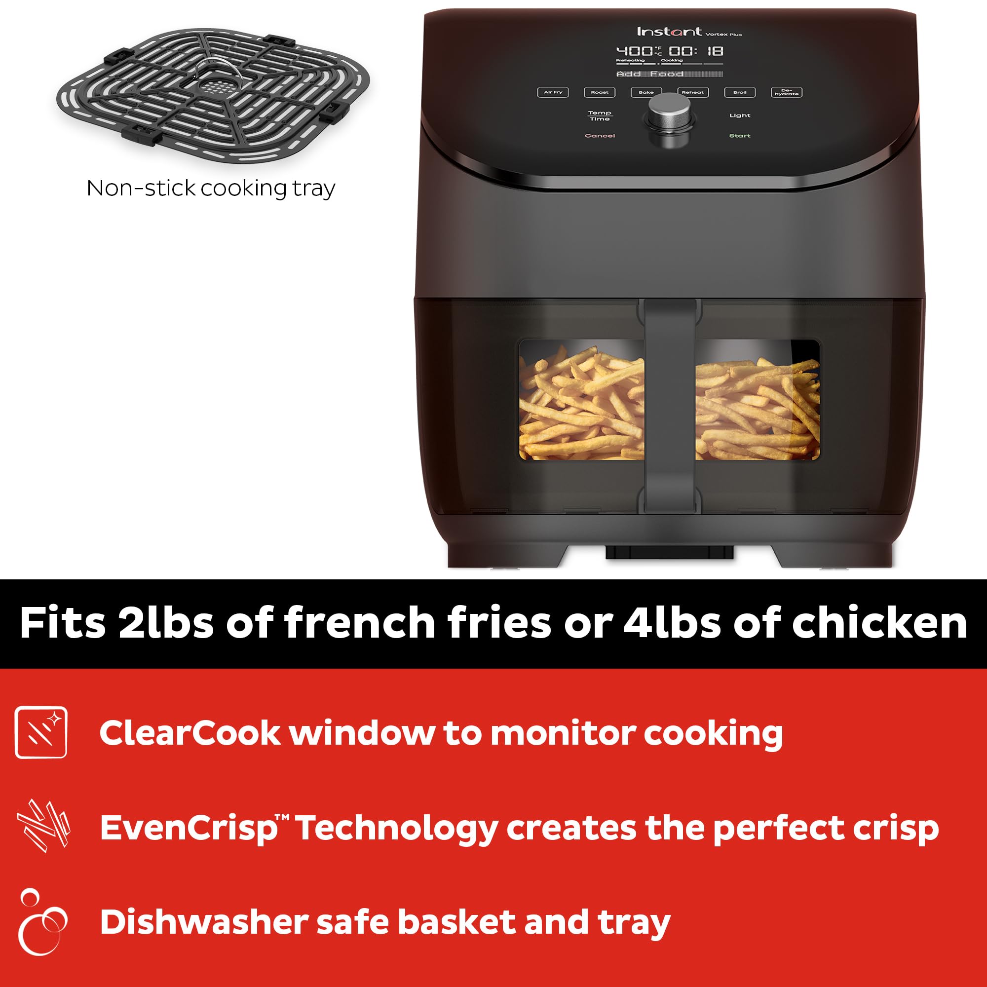 Freidora de aire Instant Pot Vortex Plus 6QT ClearCook, ventanas transparentes, opciones de programa personalizadas, funciones 6 en 1, patatas fritas, asados, asados, deshidratados, horneados, recalentados, de los creadores de Instant Pot, negro