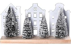 GHOSTMAGIC Christmas Village Set Tabletop Decor Sign, Rustic White Christmas Houses with Mini Xmas Trees, Wooden Winter Christmas Village Sign for Holiday Decoration Fireplace Centerpieces (3 Houses)