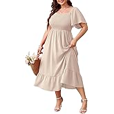 SCOMCHIC Women's Plus Size Summer Dress Casual Short Sleeve Scoop Neck Maxi Dress Smocked Ruffle Boho Flowy Long Dresses