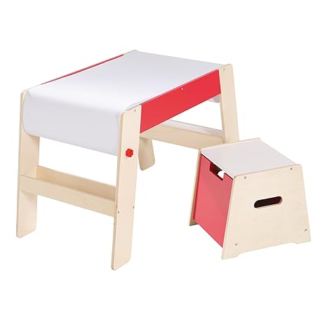 roba Maltisch & Hocker Set, Kindertisch & -Stuhl Kombination Holz natur/rot, Schreibtisch für die Vorschule inkl. Stuhl mit P