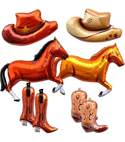 Lot De 14 Ballons Cowboy - Décoration Fête Rodéo - Chapeaux, Bottes, Chevaux En Aluminium