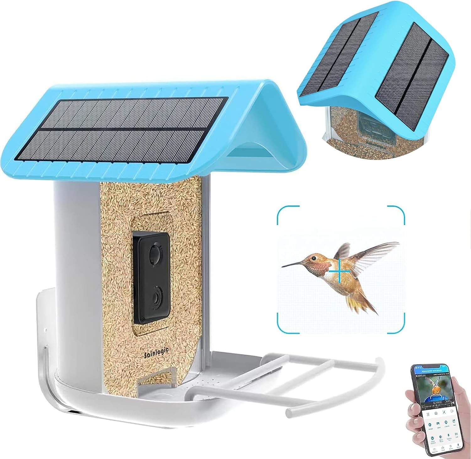 Backyard Birding & Wildlife - Sainlogic Smart Bird Feeder with 1080P HD Camera, Camera Bird Feeder Identify Bird Species with 2 Solar Panels, Video Bird Feeder with WiFi & Motion Detection, Smart Bird Feeders as Gifts(Light Blue)