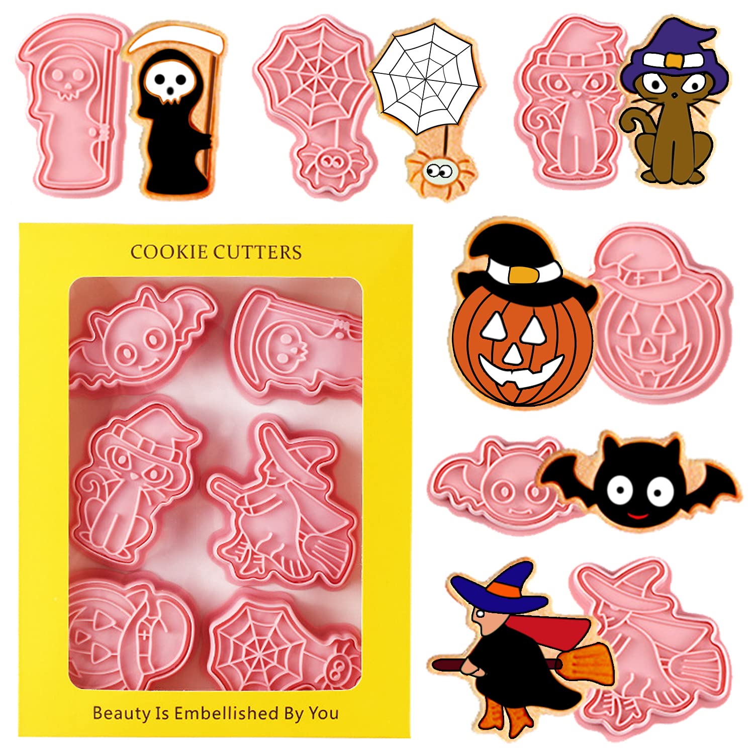 Leesgel Halloween Cookie Cutters Shapes, 6pcs 3D Pressable Pastry Biscuit Cutter for Halloween Cake Decorations Party Supplies Favours, Embossed Stamped Fondant Cutters for Baking Set