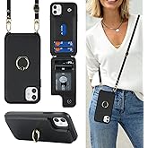 Lipvina for iPhone 11 Phone Case with Card Holder and Strap for Women,Crossbody Lanyard,Kickstand Ring Stand,Snap Clasp,Phone Wallet Cases 6.1 inch(Black)