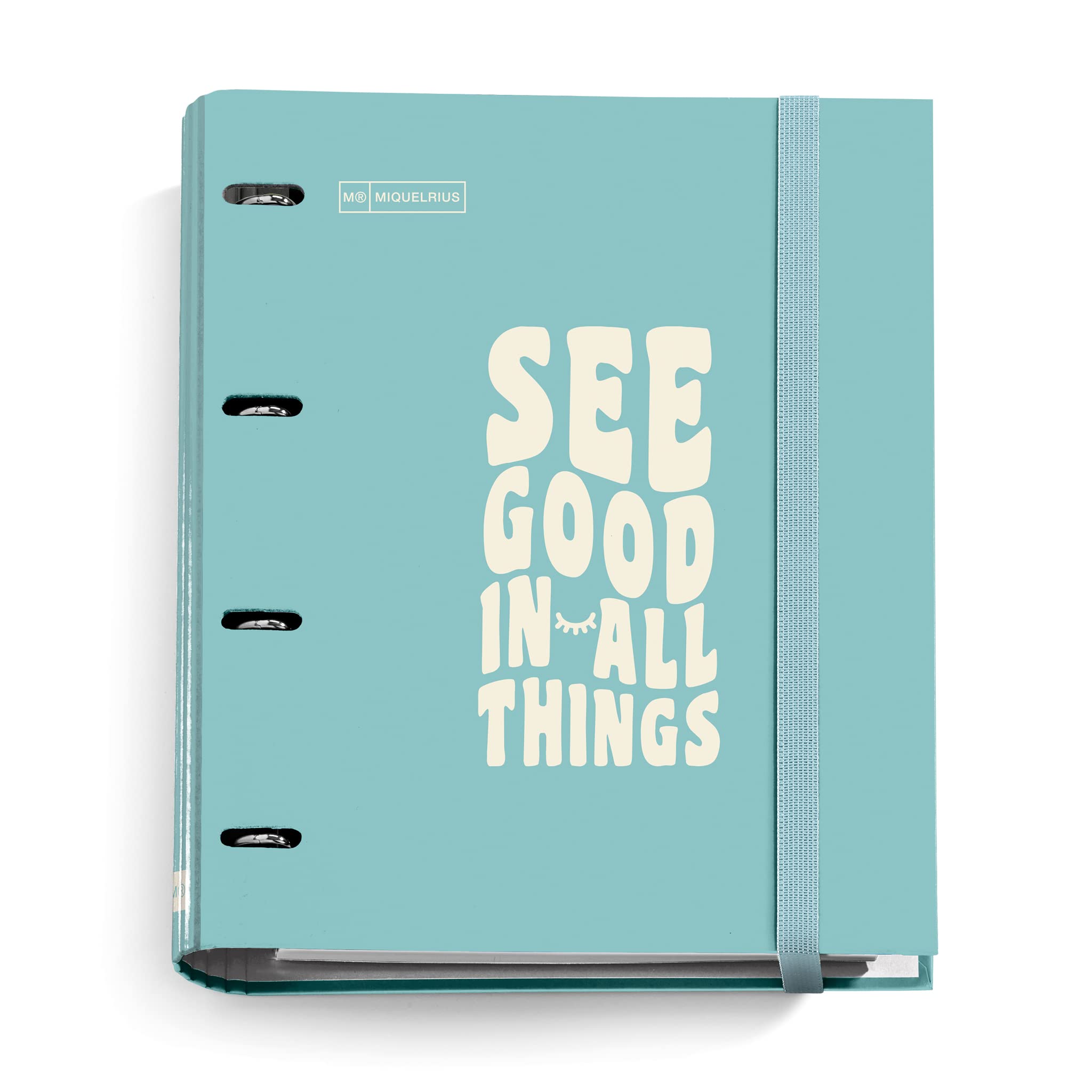 Miquelrius - Carpebloc Message Folder with 4 Rings + Refill 100 Sheets of 90 g/m², A4 with 5 mm Squares, Dividers and Envelope, Elastic Closure, Sky Blue